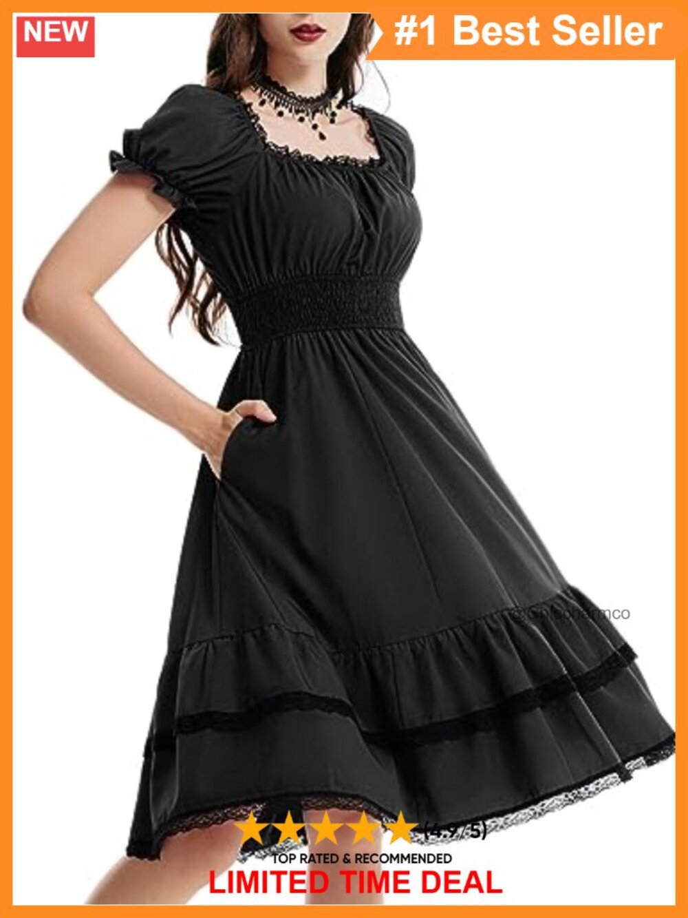 Gothic Pirate Corset Midi Dress Square Neck Puff Sleeve Smocked Waist Pockets